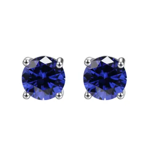 10k White Gold Plated 1 Carat Round Created Blue Sapphire Stud Earrings