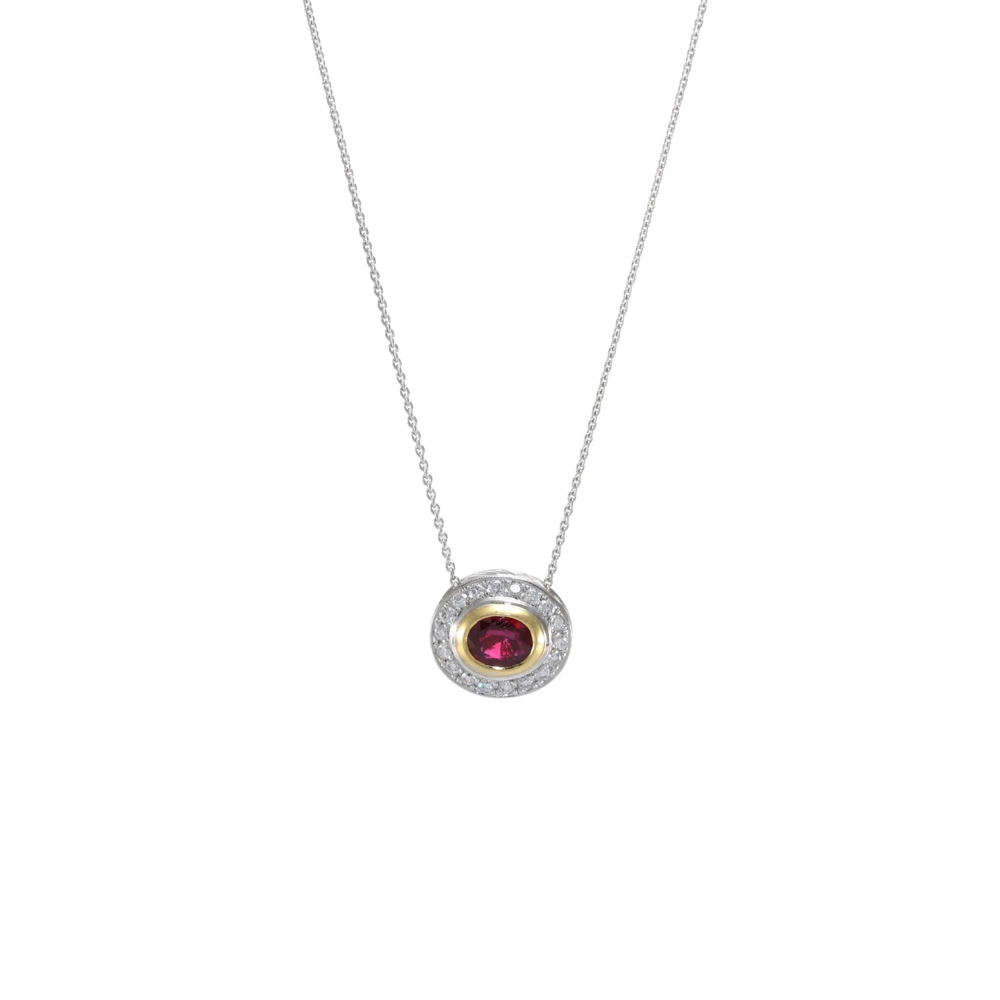 1.30CTW Oval Ruby Diamond Halo Pendant 18k White Gold Cable Link Chain Necklace
