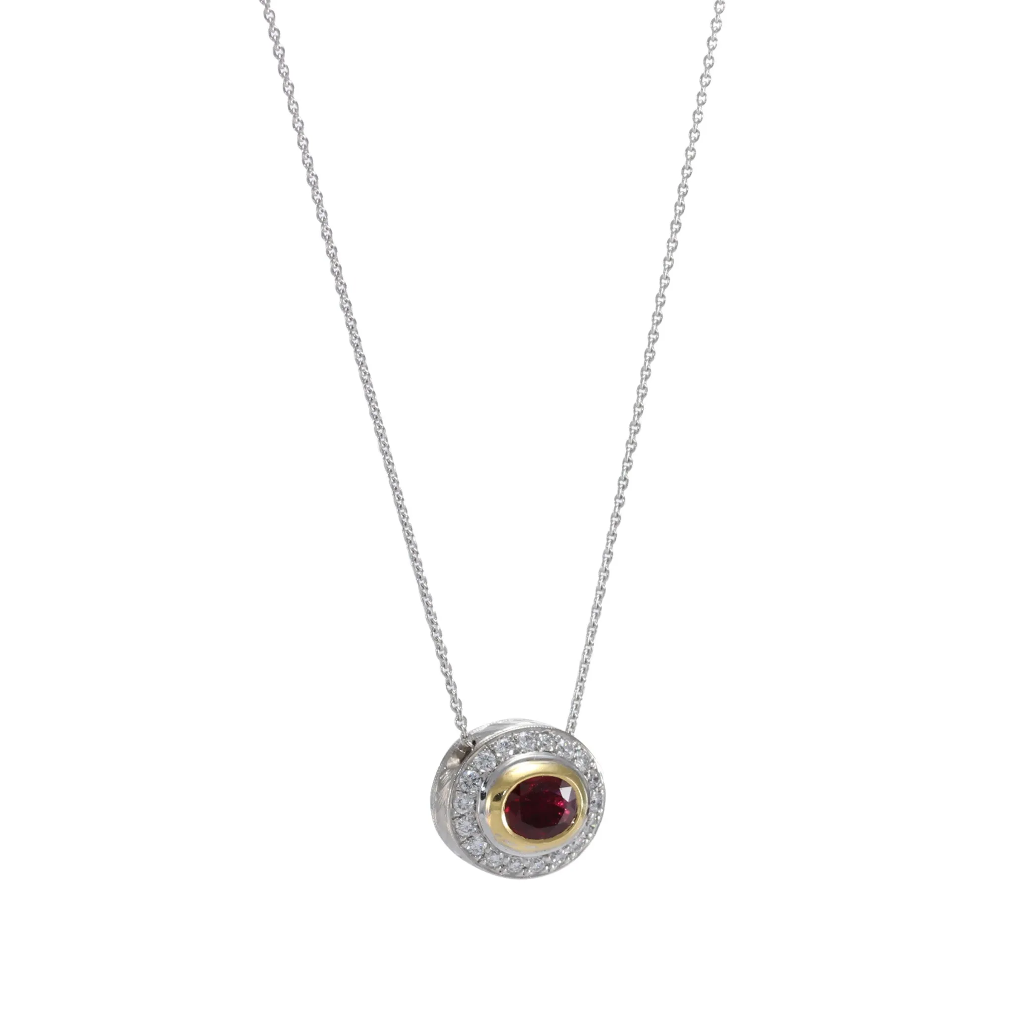 1.30CTW Oval Ruby Diamond Halo Pendant 18k White Gold Cable Link Chain Necklace