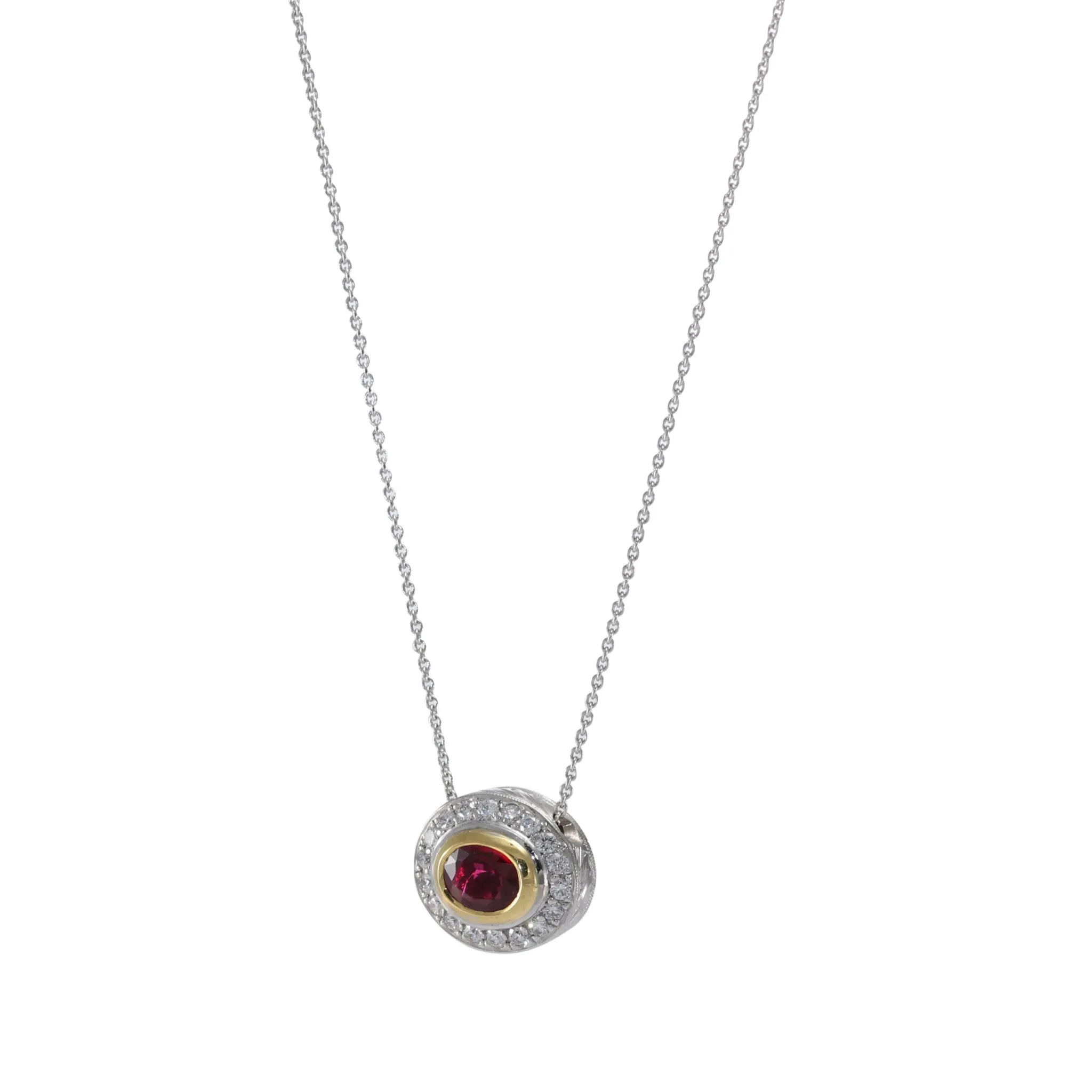 1.30CTW Oval Ruby Diamond Halo Pendant 18k White Gold Cable Link Chain Necklace