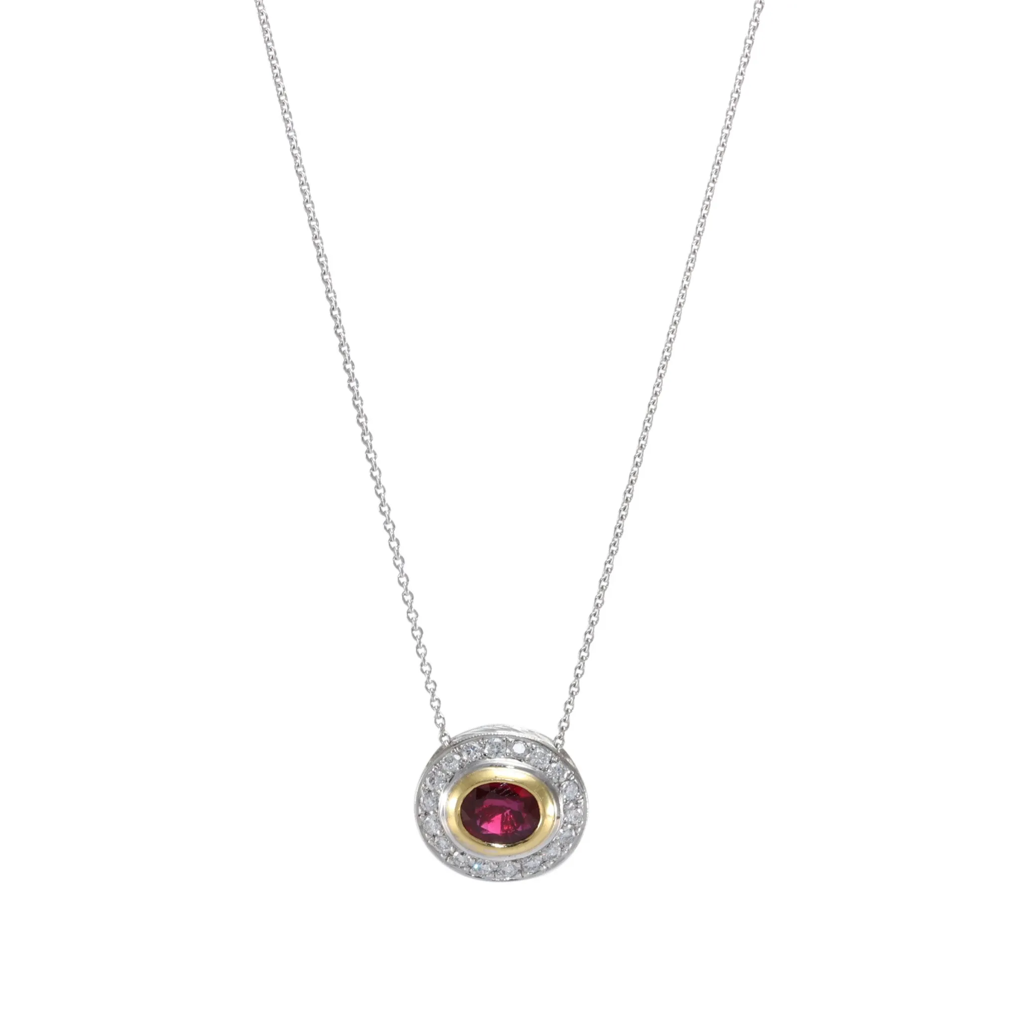 1.30CTW Oval Ruby Diamond Halo Pendant 18k White Gold Cable Link Chain Necklace