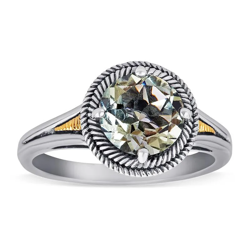 14K Gold And 925 Sterling Silver Ring In Green Amethyst (145NR9076TGA)
