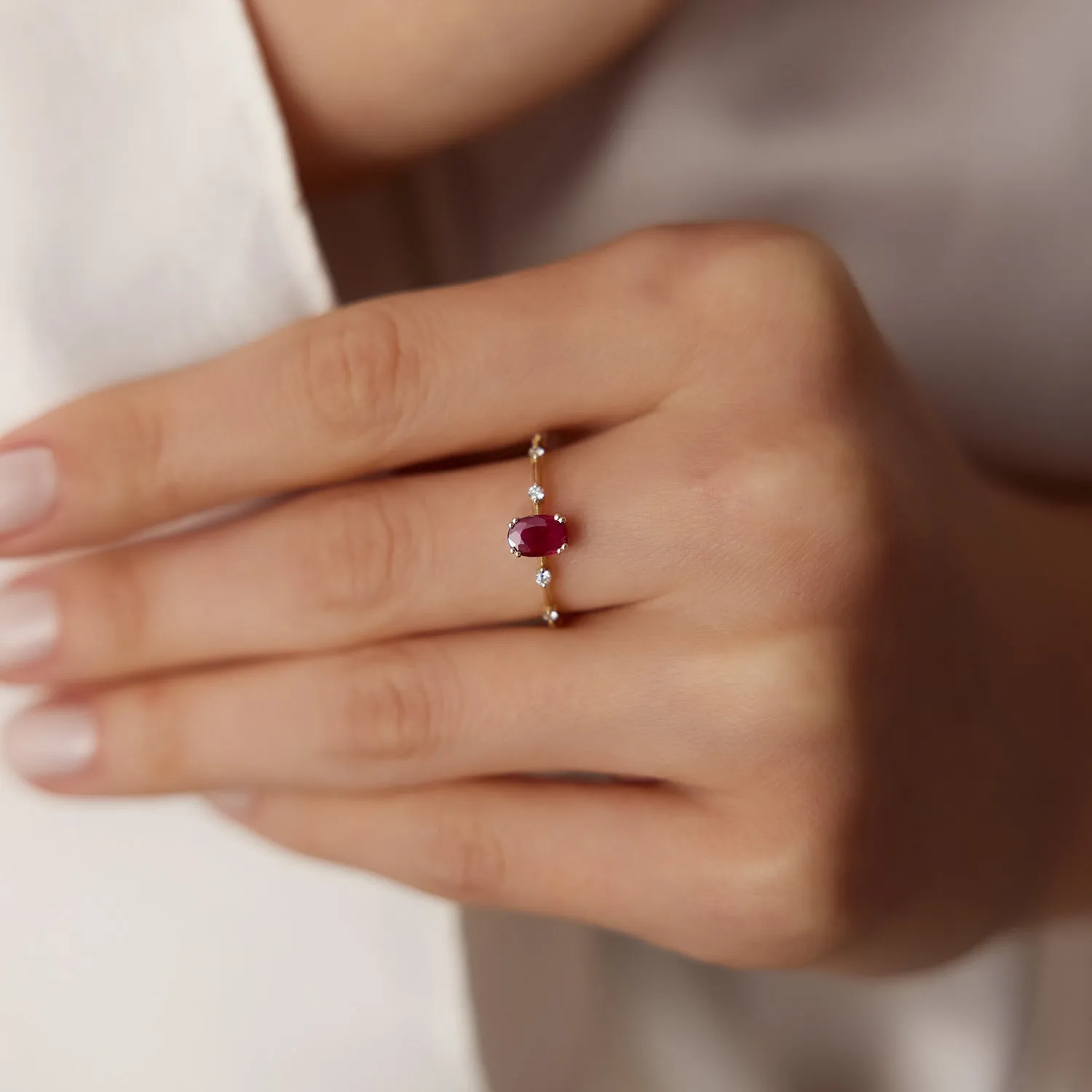 14k Gold Dainty Diamond Genuine Ruby Ring
