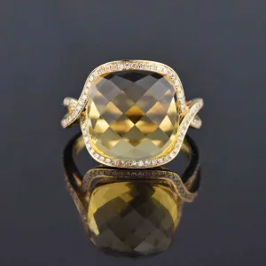 14K Gold Diamond Halo Checkerboard Citrine Ring