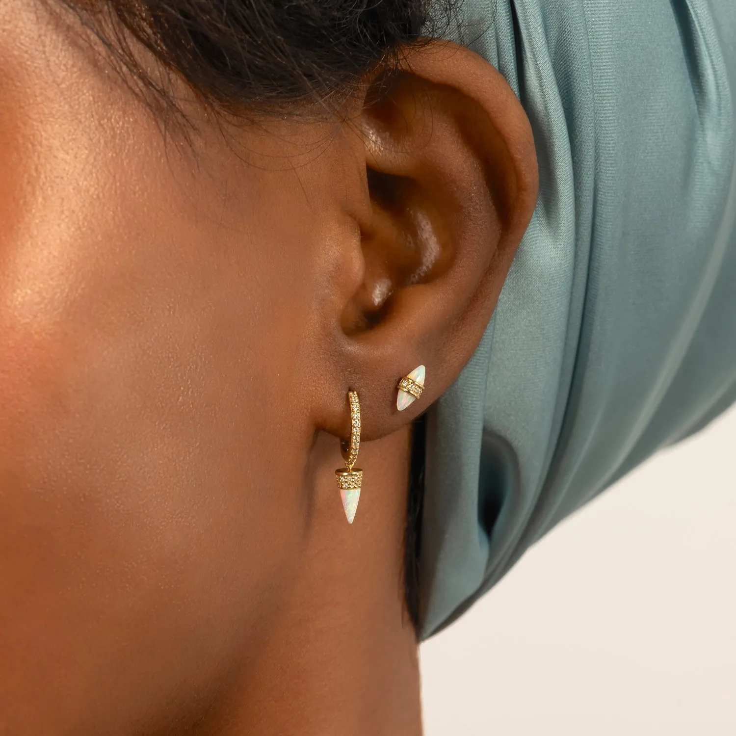 14K Solid Gold Opal Marquise Diamond Threaded Flatback Earring