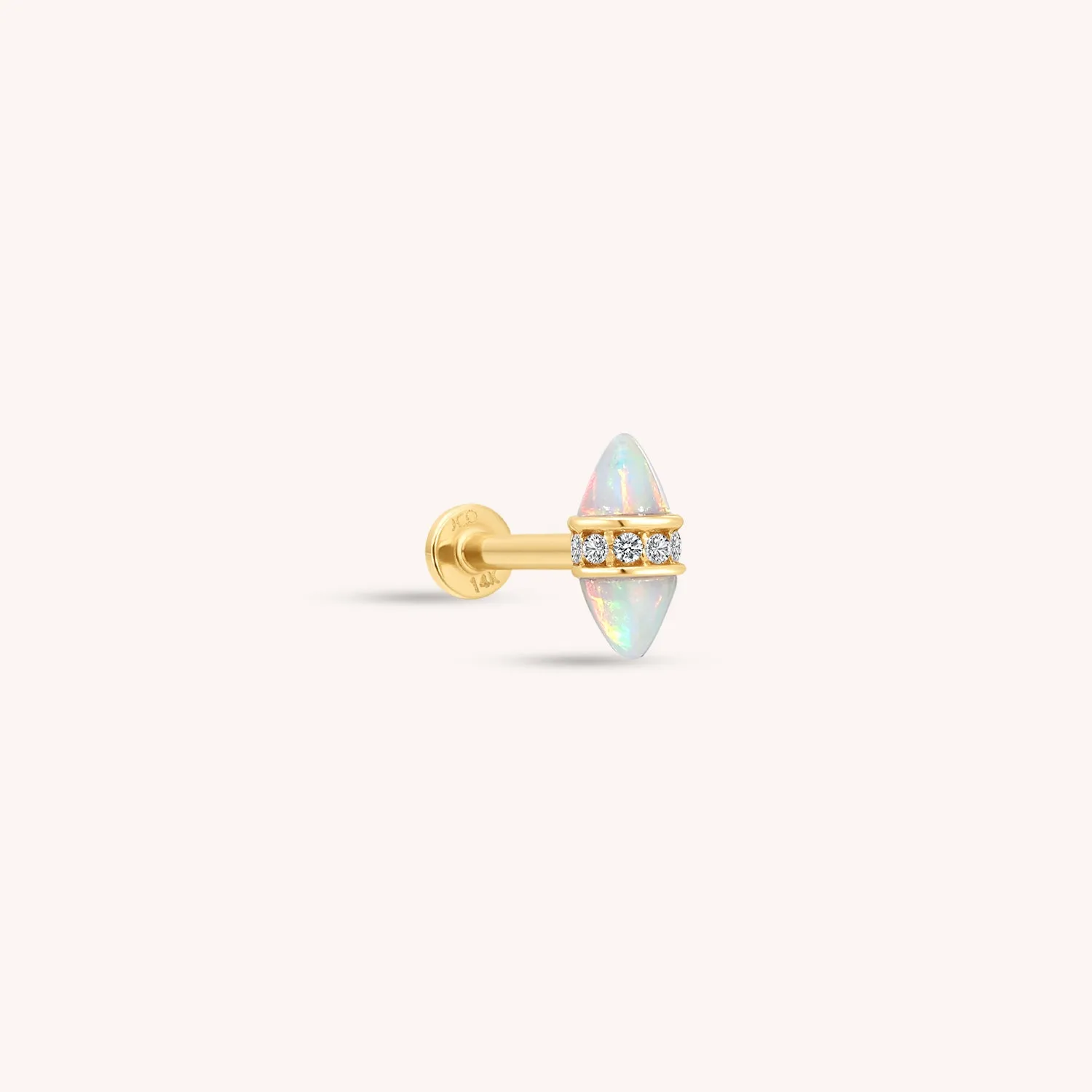 14K Solid Gold Opal Marquise Diamond Threaded Flatback Earring