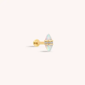 14K Solid Gold Opal Marquise Diamond Threaded Flatback Earring