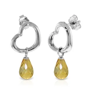 14K Solid White Gold Heart Earrings w/ Dangling Natural Citrines