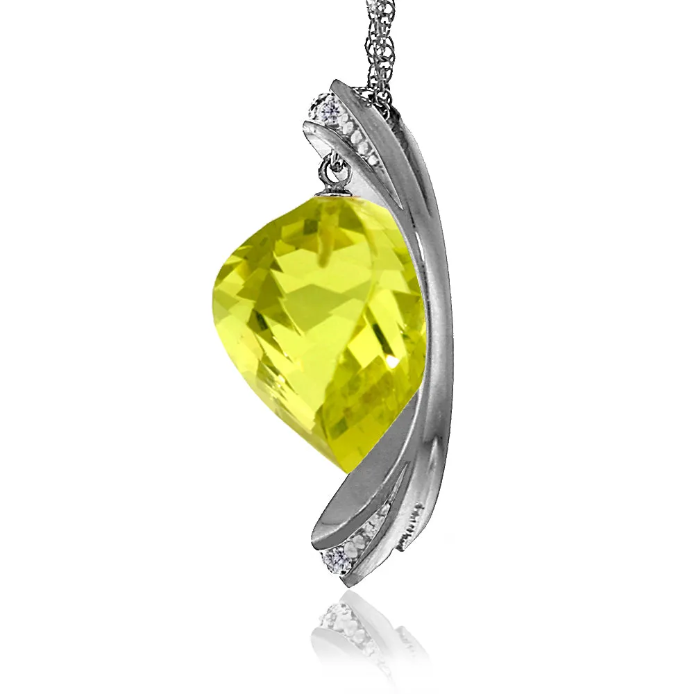 14K Solid White Gold Necklace w/ Natural Twisted Briolette Lemon Quartz & Diamonds