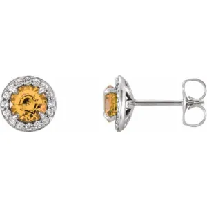 14K White 3.5 mm Natural Citrine & 1/8 CTW Natural Diamond Earrings