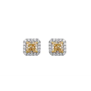 14K White and Yellow Gold Radiant Fancy Yellow Diamond Stud Earrings with Halo