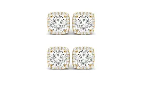 14k Yellow Gold 4mm 3Ct Cushion Cut White Sapphire Set Of Two Halo Stud Earrings Plated