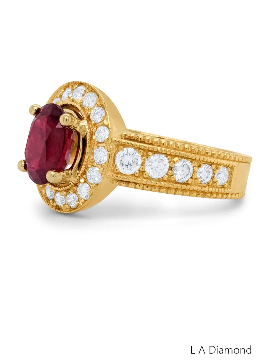 14k Yellow Gold Diamond Round Cut Ruby Stone Ring 1.09c