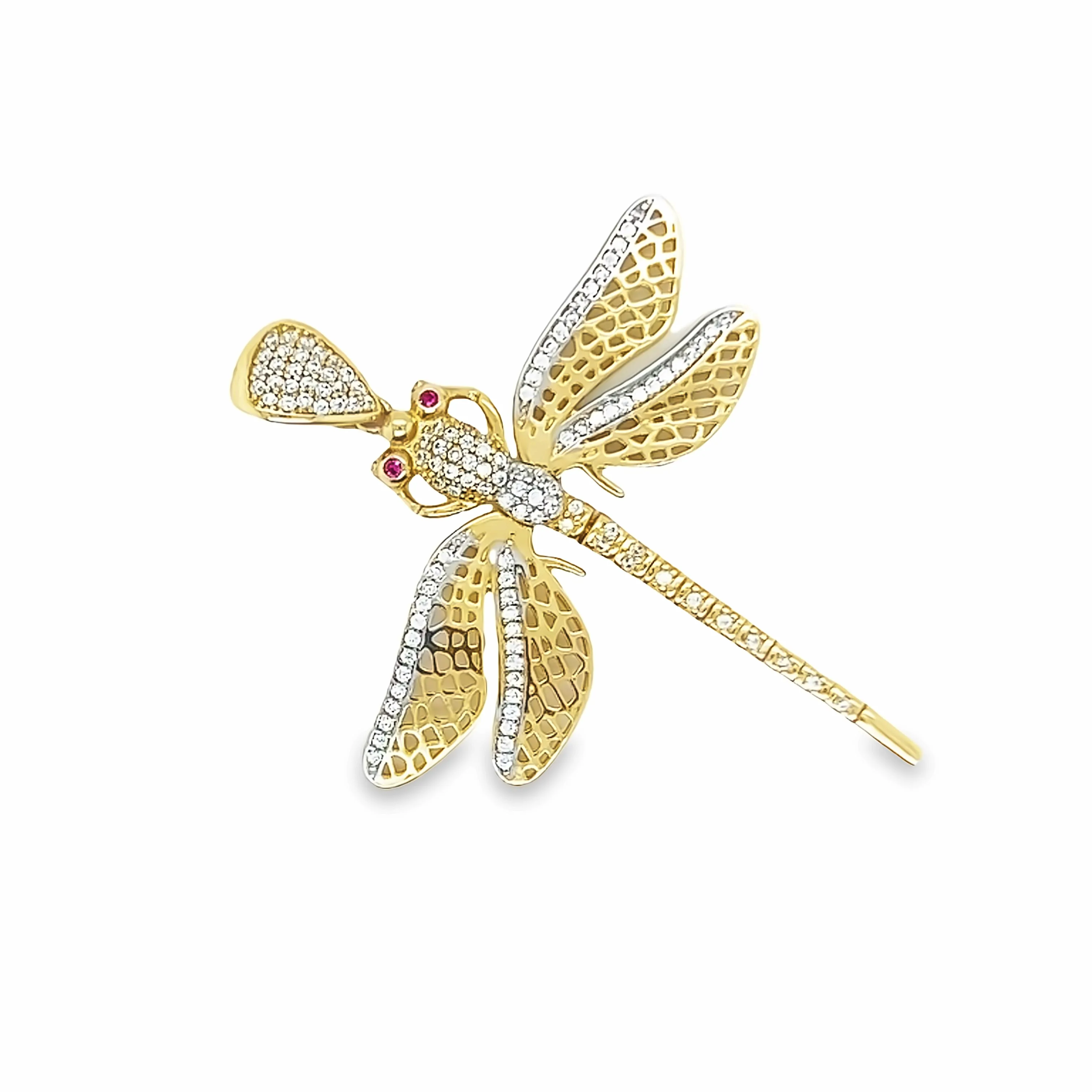 14K Yellow Gold Dragonfly Pendant with White and Pink Sapphire