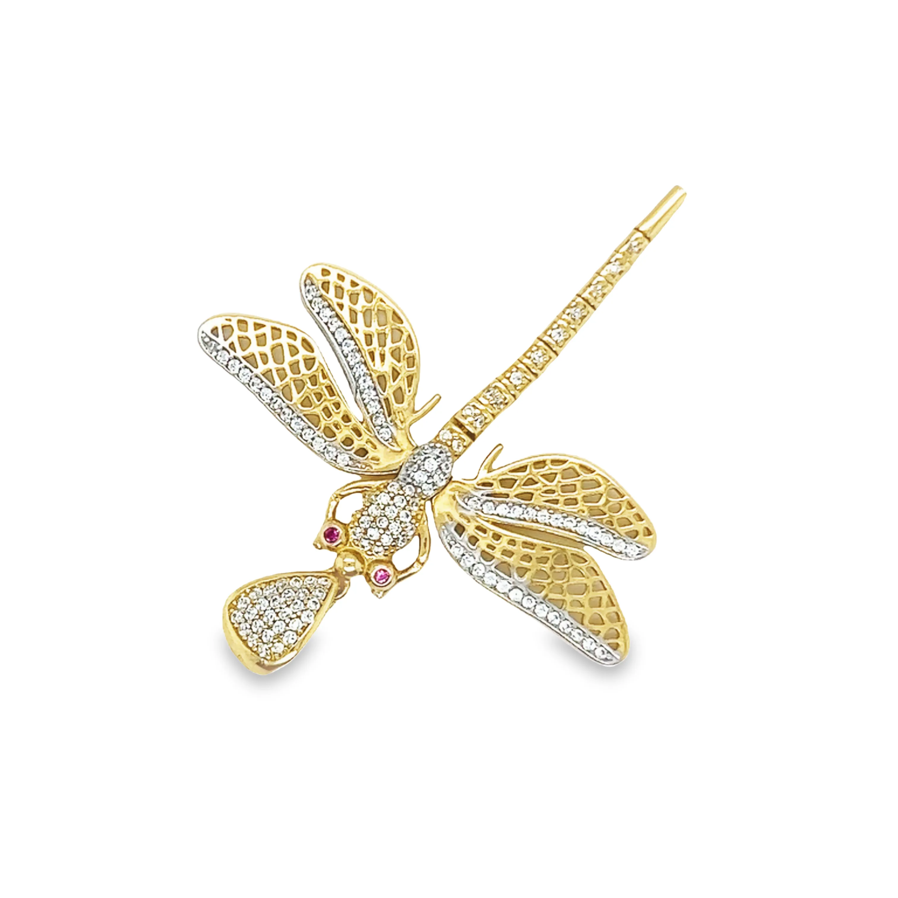 14K Yellow Gold Dragonfly Pendant with White and Pink Sapphire