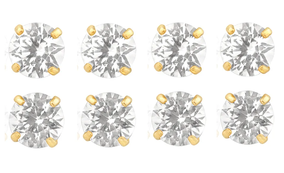 14k Yellow Gold Plated 1Ct Round White Sapphire Set Of Four Stud Earrings