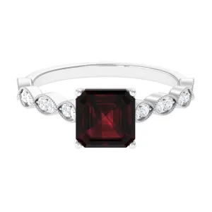 1.5 CT Asscher Cut Garnet Solitaire Engagement Ring with Diamond Side Stones