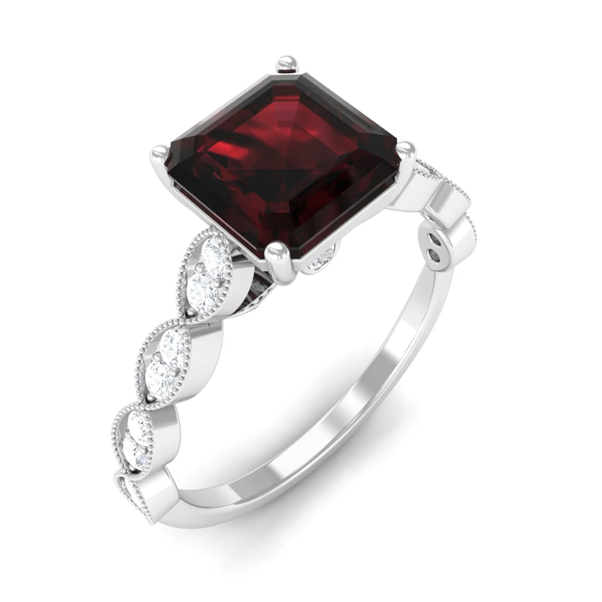 1.5 CT Asscher Cut Garnet Solitaire Engagement Ring with Diamond Side Stones