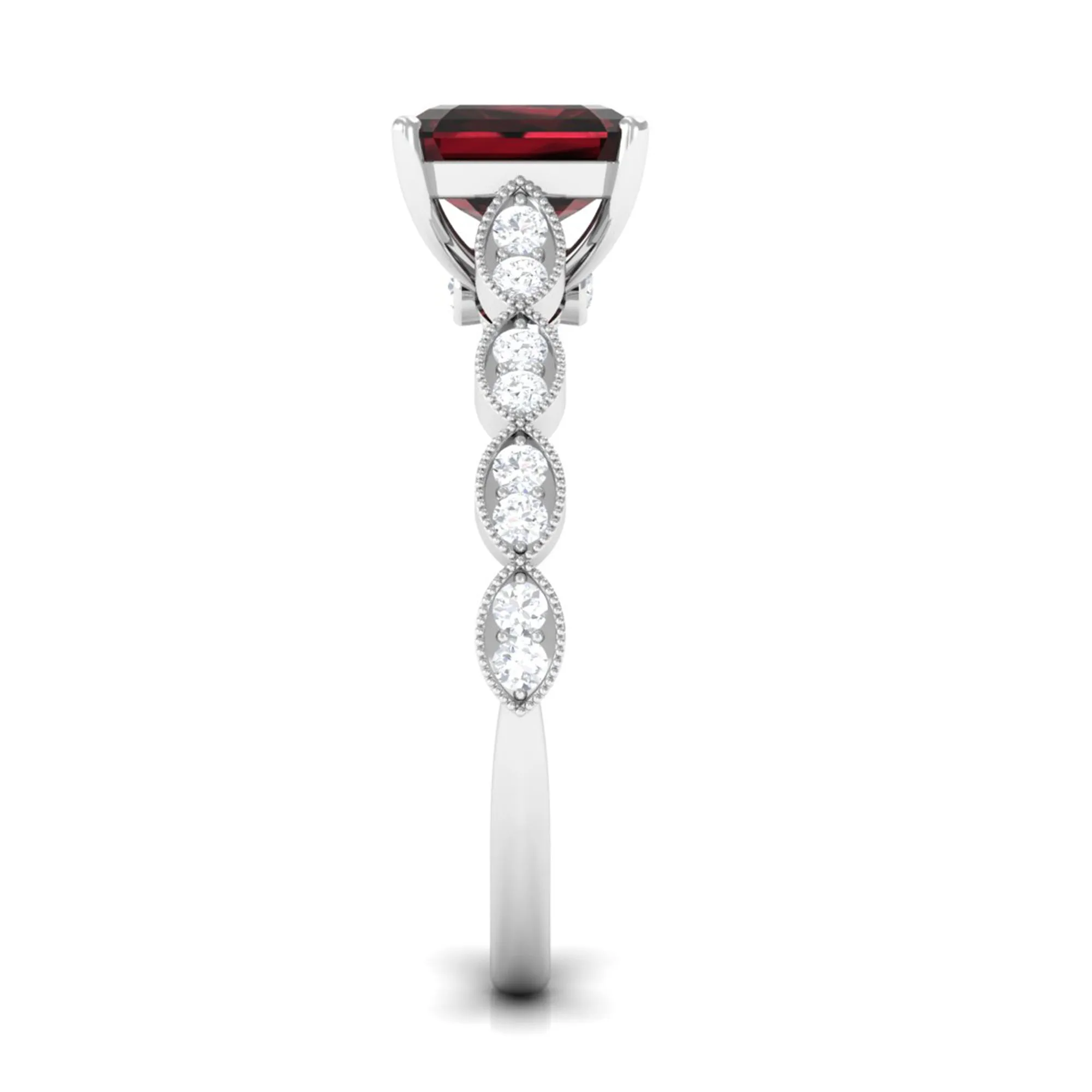 1.5 CT Asscher Cut Garnet Solitaire Engagement Ring with Diamond Side Stones