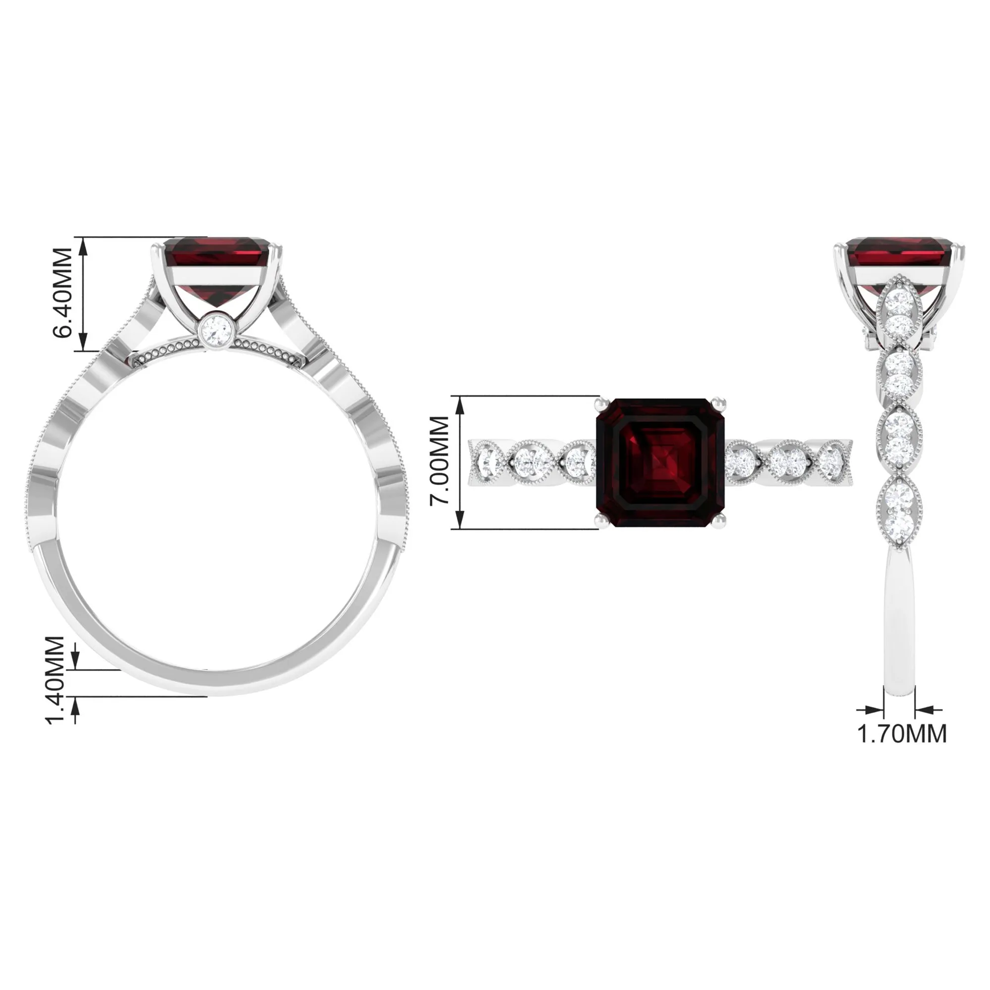 1.5 CT Asscher Cut Garnet Solitaire Engagement Ring with Diamond Side Stones