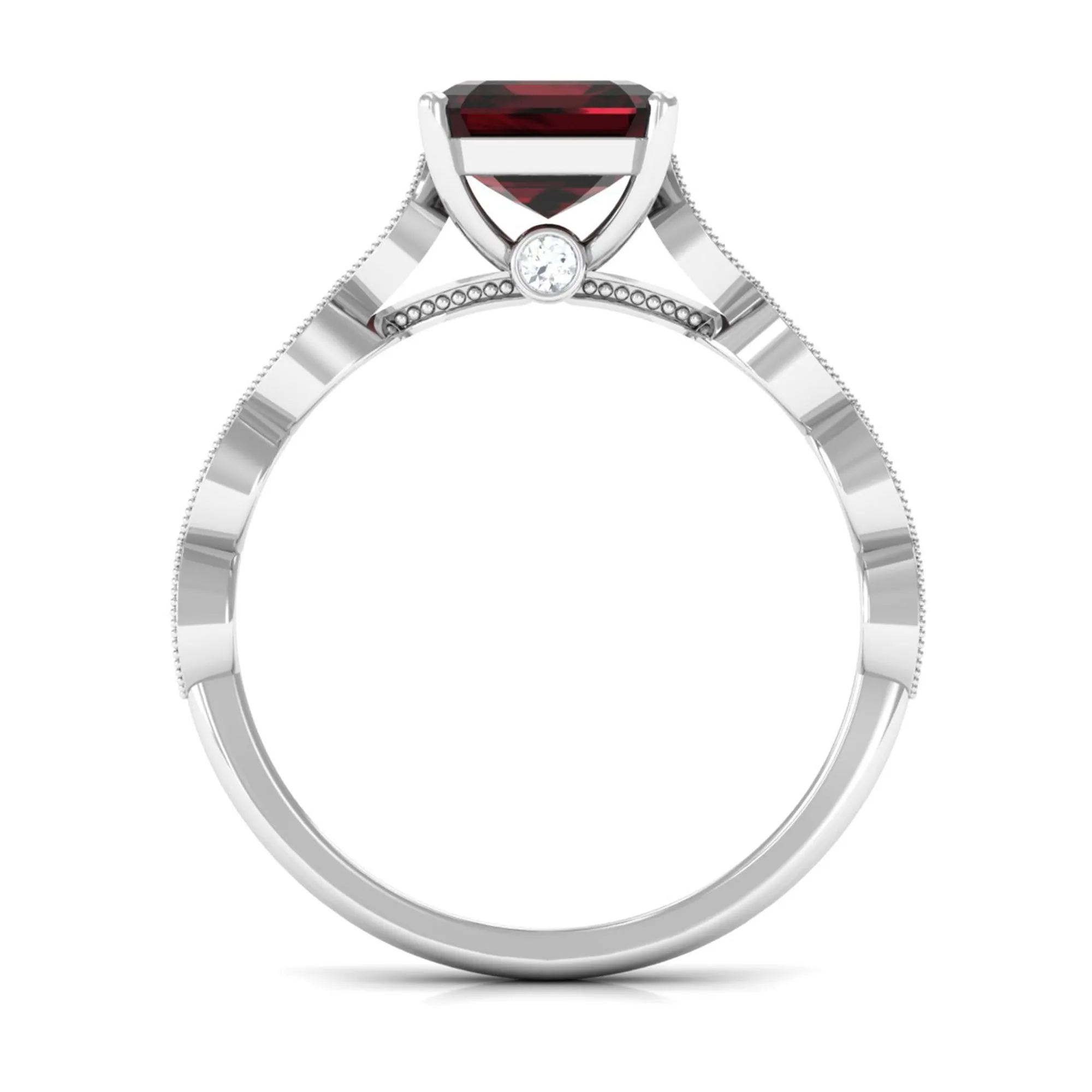1.5 CT Asscher Cut Garnet Solitaire Engagement Ring with Diamond Side Stones