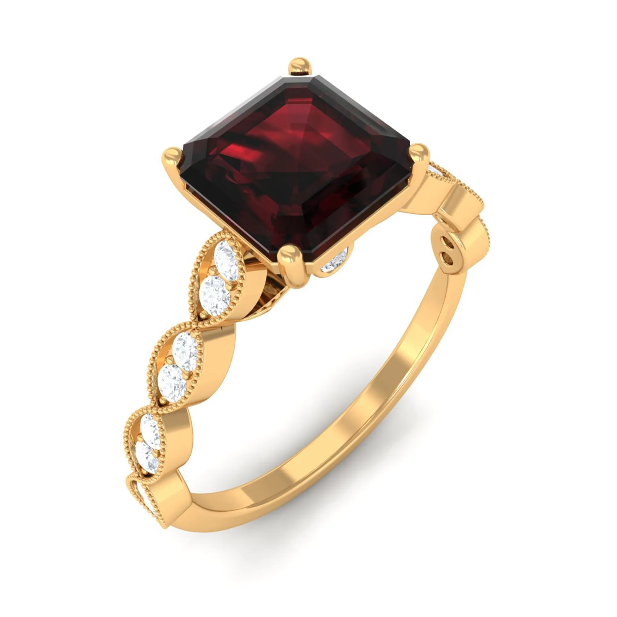 1.5 CT Asscher Cut Garnet Solitaire Engagement Ring with Diamond Side Stones