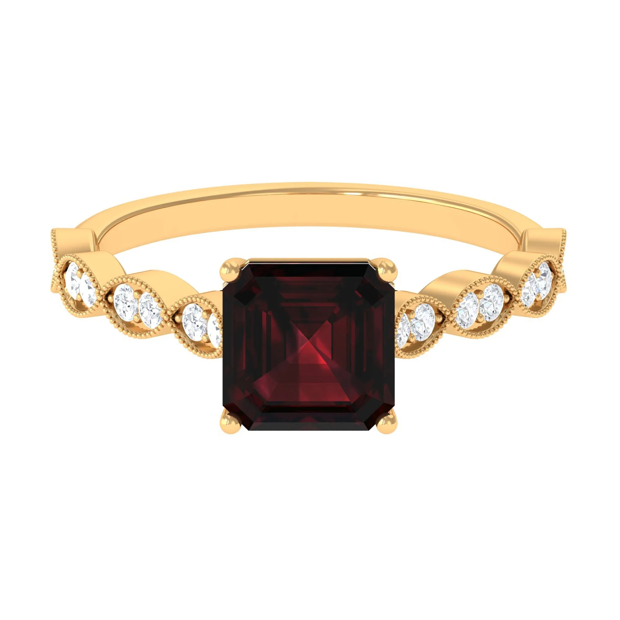 1.5 CT Asscher Cut Garnet Solitaire Engagement Ring with Diamond Side Stones