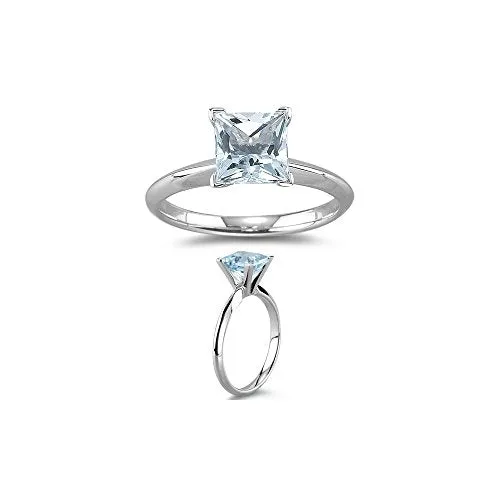 1.60 Ct 7 mm AA Princess Aquamarine Solitaire Ring in 14K White Gold