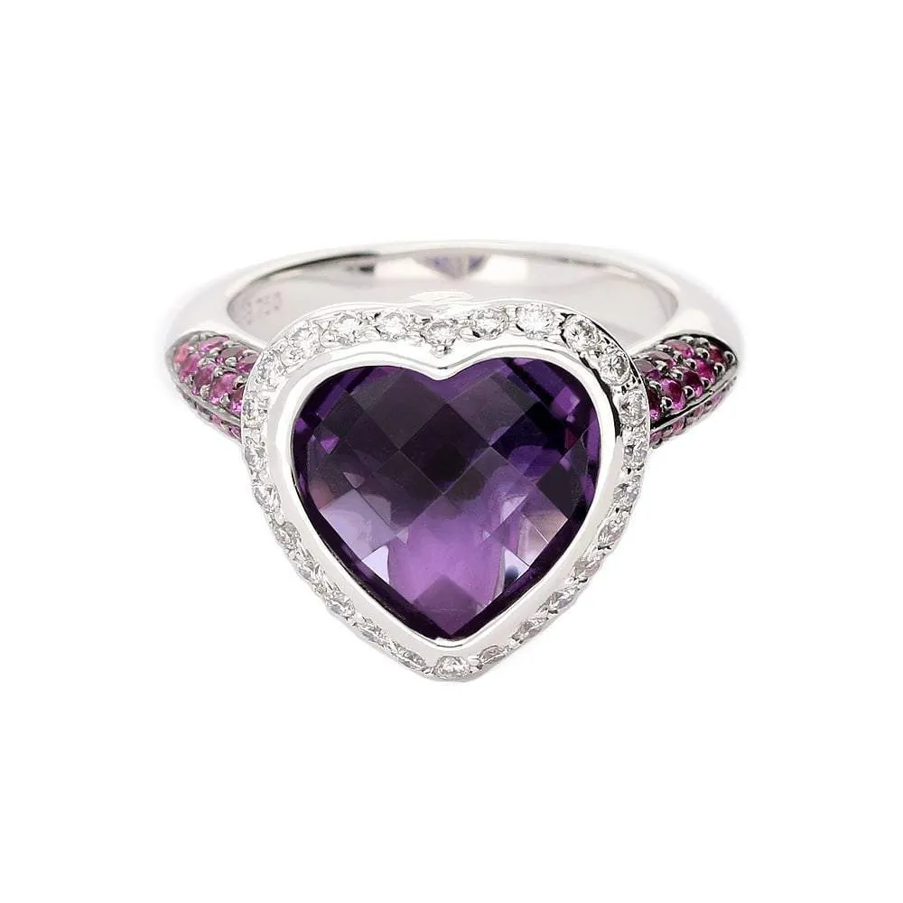 18ct White gold amethyst heart ring with sapphire & diamonds