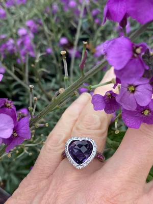 18ct White gold amethyst heart ring with sapphire & diamonds