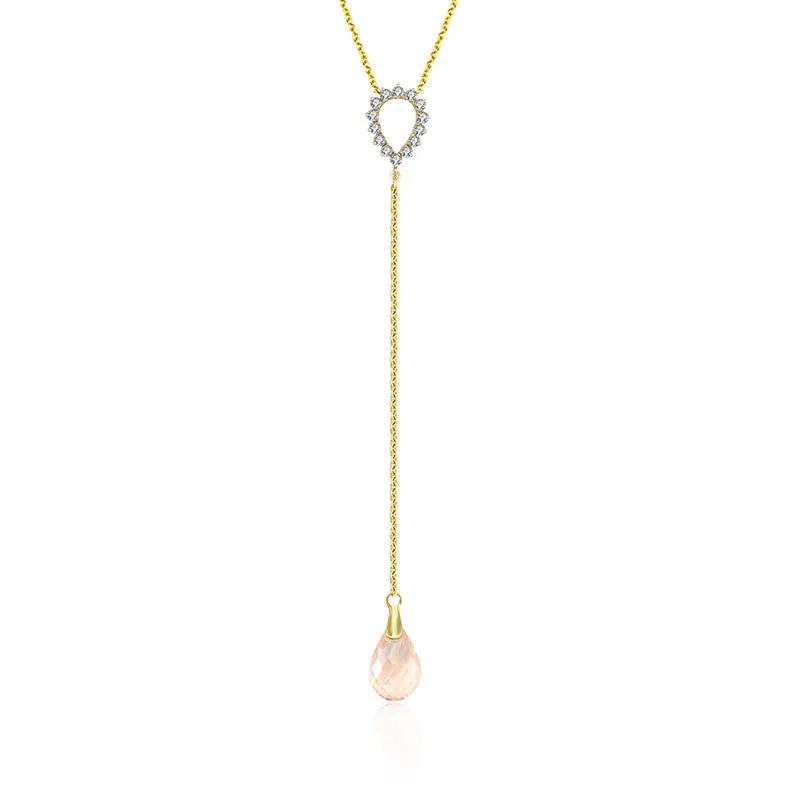 18k Gold Pink Quartz Chain Diamond Necklace With Drop Shape