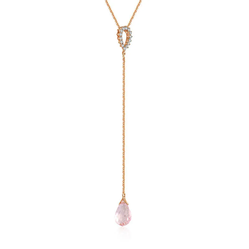 18k Gold Pink Quartz Chain Diamond Necklace With Drop Shape