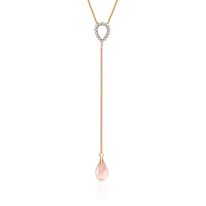 18k Gold Pink Quartz Chain Diamond Necklace With Drop Shape