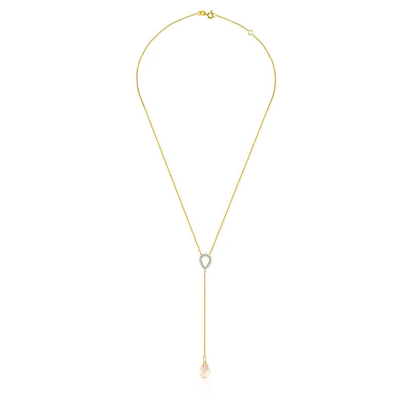 18k Gold Pink Quartz Chain Diamond Necklace With Drop Shape