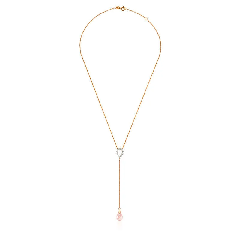 18k Gold Pink Quartz Chain Diamond Necklace With Drop Shape