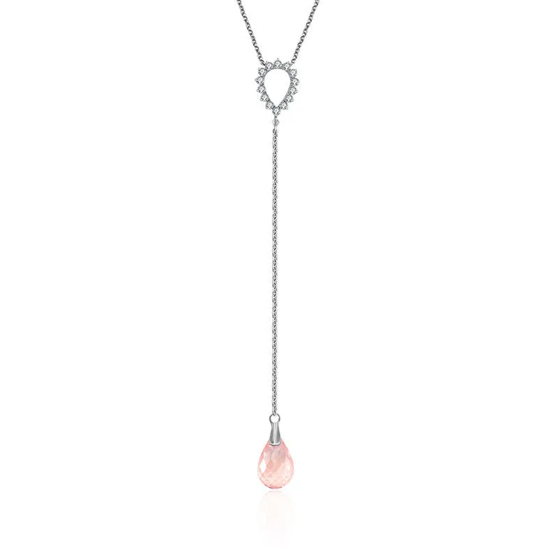 18k Gold Pink Quartz Chain Diamond Necklace With Drop Shape