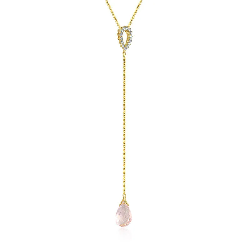 18k Gold Pink Quartz Chain Diamond Necklace With Drop Shape