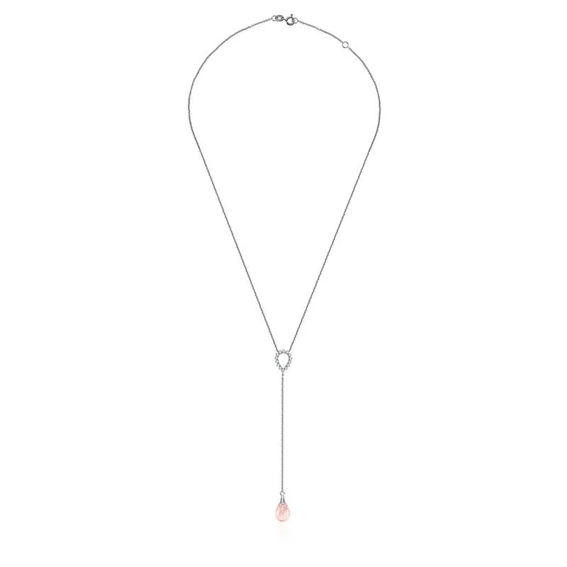 18k Gold Pink Quartz Chain Diamond Necklace With Drop Shape