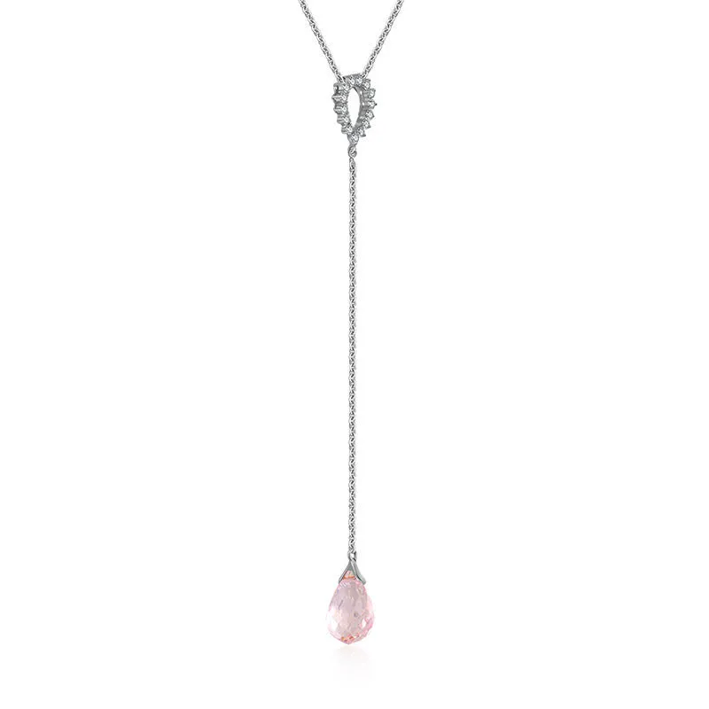 18k Gold Pink Quartz Chain Diamond Necklace With Drop Shape