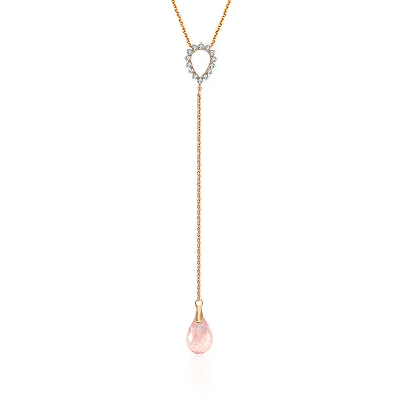 18k Gold Pink Quartz Chain Diamond Necklace With Drop Shape
