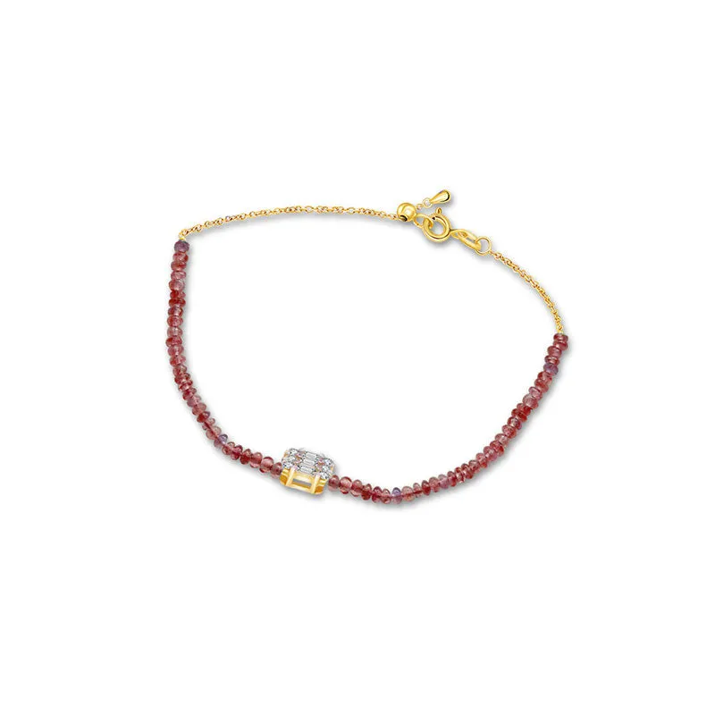 18k Gold Ruby Beaded with Square Shape Diamond Bracelet