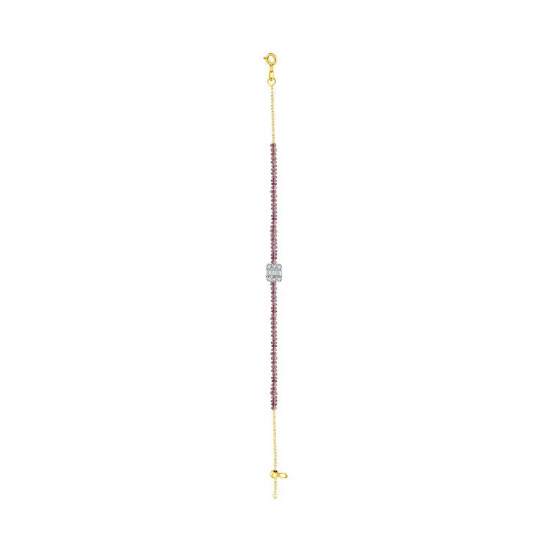 18k Gold Ruby Beaded with Square Shape Diamond Bracelet