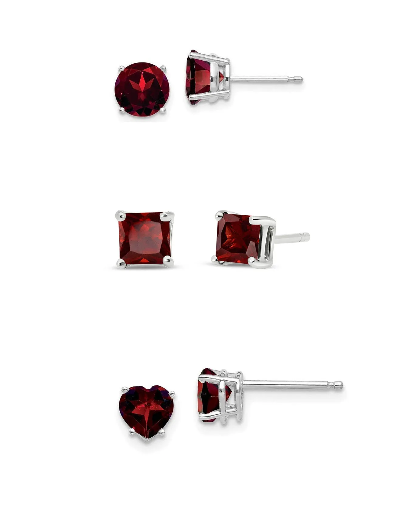 18k White Gold Plated 6mm Created Garnet 3 Pair Round, Square and Heart Stud Earrings
