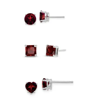 18k White Gold Plated 6mm Created Garnet 3 Pair Round, Square and Heart Stud Earrings