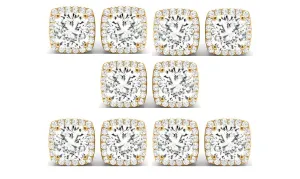 18k Yellow Gold 4Ct Cushion Cut White Sapphire Set Of Five Halo Stud Earrings Plated