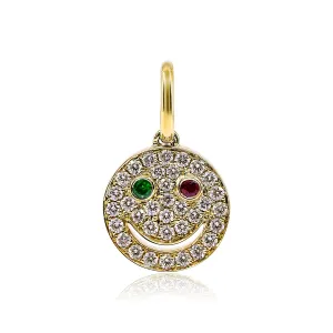 18K YELLOW GOLD PAVE DIAMOND SMILEY FACE PENDANT WITH RUBY AND GARNET EYES