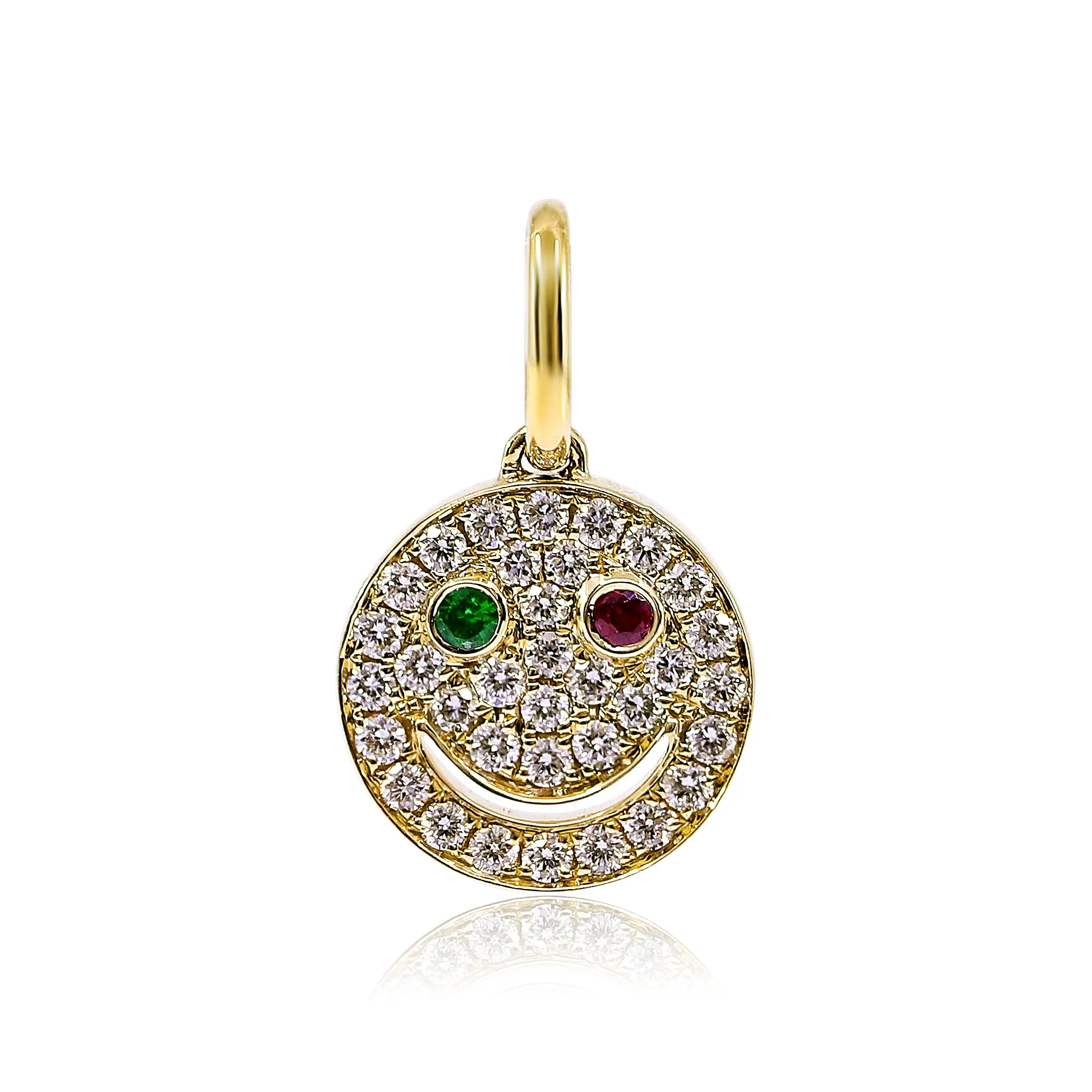 18K YELLOW GOLD PAVE DIAMOND SMILEY FACE PENDANT WITH RUBY AND GARNET EYES