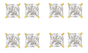 18k Yellow Gold Plated 4mm 3Ct Square Cut White Sapphire Set Of Four Stud Earrings