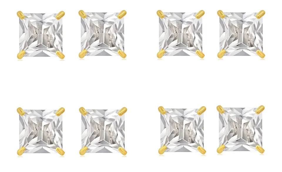 18k Yellow Gold Plated 4mm 3Ct Square Cut White Sapphire Set Of Four Stud Earrings