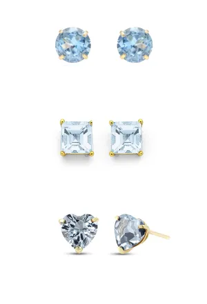 18k Yellow Gold Plated 6mm Created Aquamarine 3 Pair Round, Square and Heart Stud Earrings